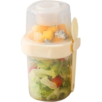 Salade Shaker Beker Dubbellaags Draagbaar Melk Groente Fruit Salade Bewaarcontainer met Deksel en Cream beige