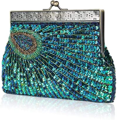 Elegante Vintage Clutch Bag met Pailletten en Beads, Turquoise Handtas voor Avondjes en Bruiloften
