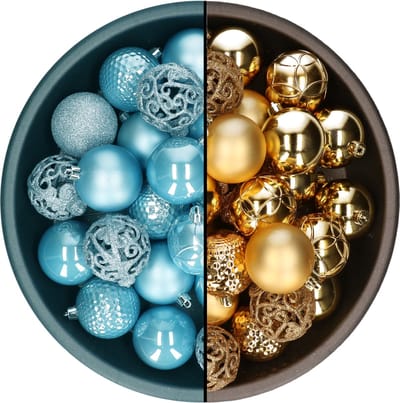 Decoris kerstballen - 74x st - goud en ijsblauw - 6 cm - kunststof