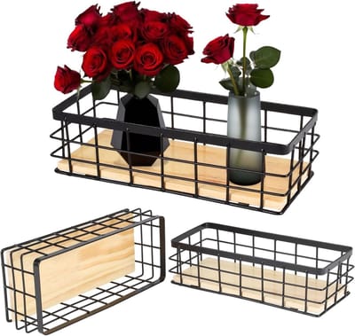 Set van 3 Draadmanden met Houten Handvatten voor Opslag in Keuken, Badkamer en Kantoor, Industriële Ontwerpoplossing voor Planken en Lades, Organizer, Decoratieve Mand, Zwart