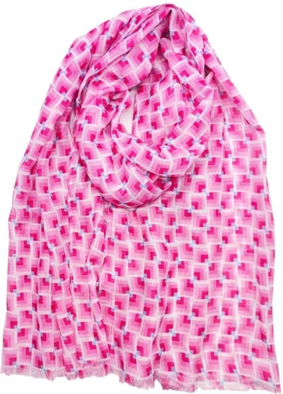 Lange dames sjaal Sien fantasiemotief geblokt motief roze wit fuchsia lichtroze blauw