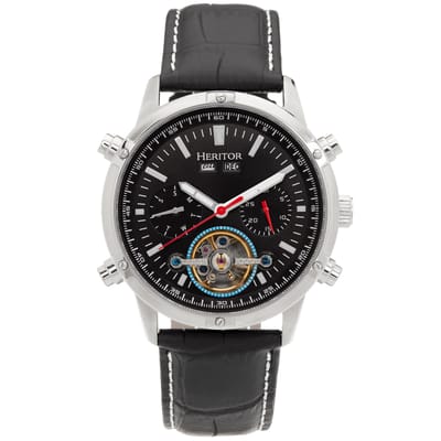 Heritor Automatic Wilhelm Semi-Skelet leren band horloge met dag/datum - Zwart