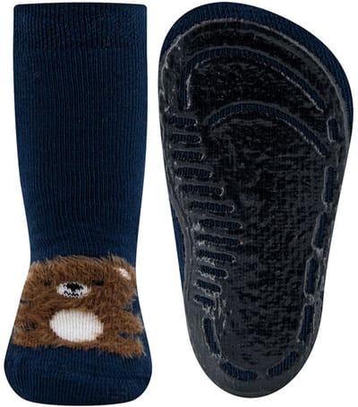 Antislipsokken Ewers Kindermaat - Middenblauw met Fluffy Teddybeertje Bruin - Siliconenzool-18/19