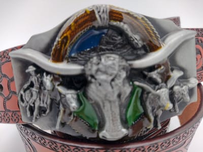 RR22-87.br.130 : Big Longhorn Skull Buckle aan donkerbruin Leren Riem, Flower deko, 130cm