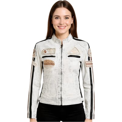 Dames wit leren bikerjack met racebadges - Dalby