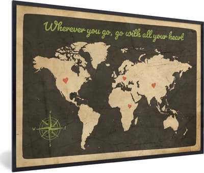 Poster in lijst - Fotolijst 90x60 cm - Posters - Wereldkaart - Quote - Kompasroos - Posterlijst zwart - Decoratie - Wanddecoratie woonkamer - Muurdecoratie slaapkamer