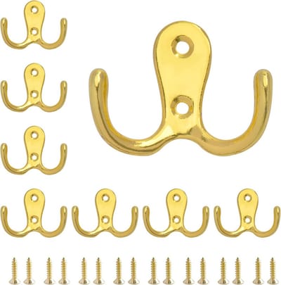 SnelShoppen - 8-delige Dubbele Kledinghaken, Goudkleurige Metalen Wandkapstok met Dubbele Haak, Inclusief Schroeven, Voor Kleding en Handdoeken, Ideaa