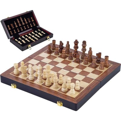 Schaakspel Deluxe Inklapbaar – Houten Schaakset van Essenhout – Luxe Bruin Schaakbord 30 x 30 x 5,5 cm – Opklapbaar & Compact – Engelhart