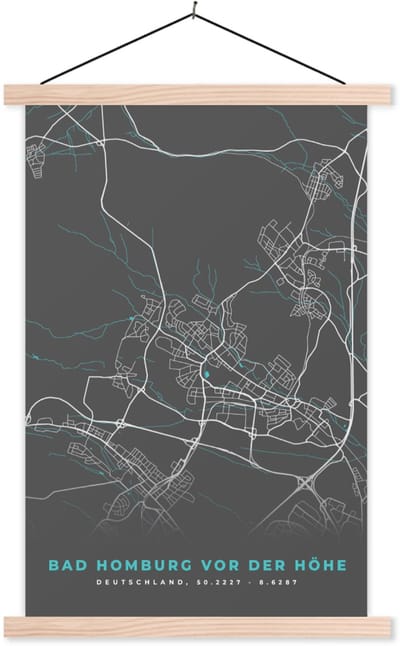 Posterhanger incl. Poster 120x180 cm - Schoolplaat - Stadskaart – Kaart – Bad Homburg vor der Höhe – Blauw – Duitsland – Plattegrond - Textielposter - Blanke latten - Stadskaart