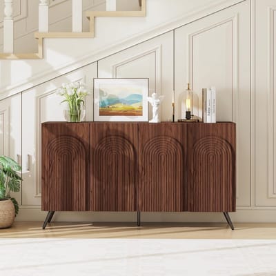 Dressoir Kast 4 Deuren 150x83x37 cm Vintage Opbergkast met 3D Design en Verstelbare Planken Walnootkleur Woonkamer Kast Bella