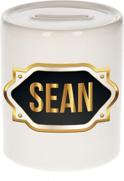Spaarpot met voornaam Sean - wit - met goud/zwart embleem - 8 x 9 cm - keramiek - met afsluitdop - cadeau verjaardag