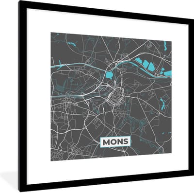 Fotolijst incl. Poster - België – Mons – Stadskaart – Kaart – Blauw – Plattegrond - 40x40 cm - Posterlijst