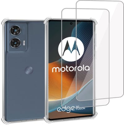 Geschikt voor Motorola Edge 50 Fusion - Hoesje + 2x Screenprotector – Gehard Glas Cover + Shock Proof Case – Transparant