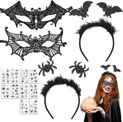 Halloween Haarband met 7 Stuks Accessoires, Vampier Hoofddeksels en Make-up Tatoeages voor Feestjes en Carnavals