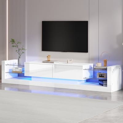 DESMIU Tv Meubel - Hoogglans Kast Met Ledverlichting En Klepvakken - Voor Woonkamer En Televisies Tot 80 Inch - Spaanplaat - 181x38x38 Cm - Wit