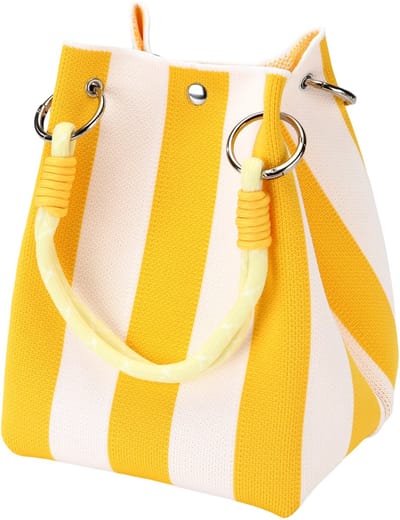 QTTVBTNA – Handtas – Buckettas – Handtas met Trekkoord en Gevlochten Handgreep – Polyester Schoudertas voor Werk, Reizen en Dagelijks Gebruik – Geel/Wit Gestreepte