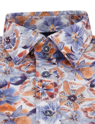 CASA MODA Sport casual fit overhemd - korte mouw - popeline - donkerblauw - wit en beige dessin