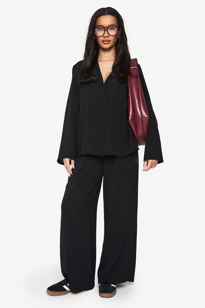 boohoo Dames Geweven Oversized Shirt & Trekknoop Broek Co-ord | Black | Maat: 8