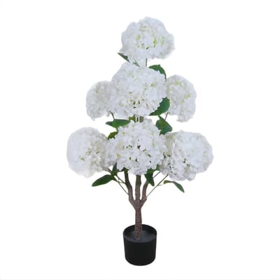 Kunstmatige Hortensia Boom - Voor binnen, buiten en kantoor - Witte bloemen en bladeren, ingemaakt - 90 cm / In pot