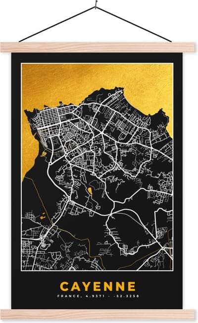 Posterhanger incl. Poster 40x60 cm - Schoolplaat - Stadskaart - Plattegrond - Cayenne - Frankrijk - Kaart - Textielposter - Blanke latten - Stadskaart