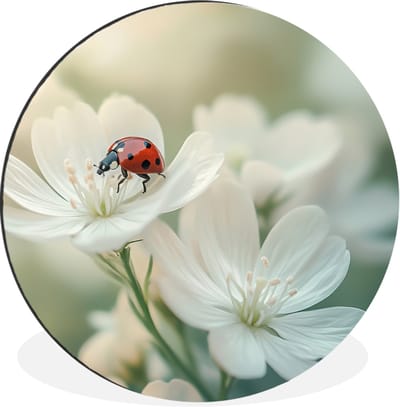 WallCircle - Wandcirkel - Muurcirkel - Lieveheersbeestje - Bloemen - Wit - Aluminium - Dibond - 30x30 cm - Binnen en Buiten