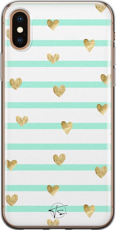 Hoesje geschikt voor iPhone Xs Max - Mint hartjes - Soft Case - TPU - Print - Blauw - Mooie Telefoonhoesjes