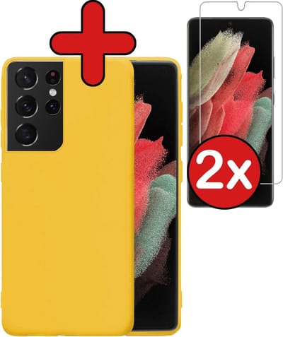 Hoesje - Met 2x Screenprotector - Geschikt voor Samsung Galaxy S21 Ultra - Sterk & Shockproof - Telefoon Hoes - Back Cover - Siliconen Case - Telefoonhoes - Geel