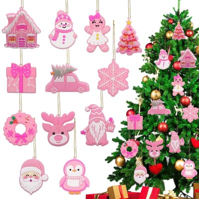 Dailygoods- Kerstboomversiering 12 Stuks - Roze PVC Hangers - Kerstdecoratie - Kerstornamenten - Ophangkoord - Hoogwaardig Materiaal