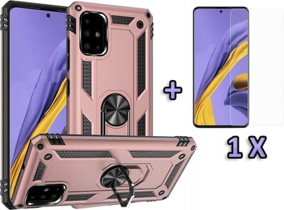 HB Hoesje Geschikt voor Samsung Galaxy A71 - Anti-Shock Hybrid Armor Back Cover - Hoes met Kickstand Ring & Glazen Screenprotector - Roségoud