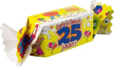 Snoeptoffee - 25 jaar - Gevuld met Drop - In cadeauverpakking met gekleurd lint