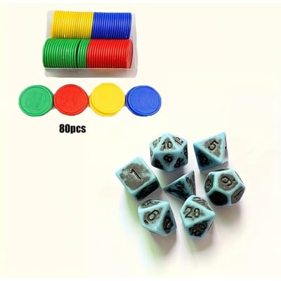 Ensemble de 7 dés et 50 pièces de jeu rond Ensemble de 7 dés numériques multi-faces bleu vintage Ensemble de jeu de table de loisirs et de divertissement bleu
