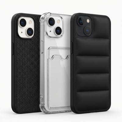 Grijs en zwart telefoon hoesje set met kaartvak en structuur design geschikt voor iPhone 13 – backcover cases voor dames en heren met transparant hoesje, geribbelde textuur en gewatteerd uiterlijk