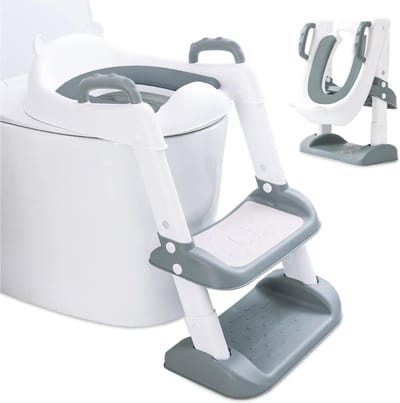 Aurixi® WC Verkleiner Met Trapje - WC Verkleiner - WC Bril Verkleiner Kinderen - Wit-Grijs - ‎41cm x 34cm x 3cm