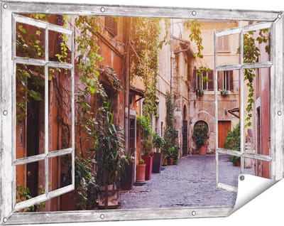 Gards Tuinposter Doorkijk Straatje in Rome met Groene Planten - 120x80 cm - Tuindoek - Tuindecoratie - Wanddecoratie buiten - Tuinschilderij