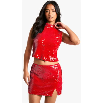 boohoo Dames Petite pailletten top met hoge hals | Red | Maat: 6