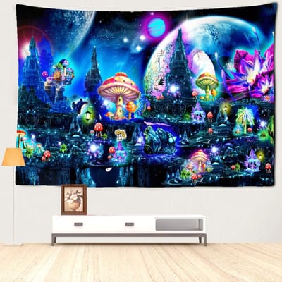 Tapisserie murale suspendue de château de champignons psychédélique, Kawaii, magie mystérieuse, Hippie Tapiz, décoration de dortoir pour la maison 95x70CM blue