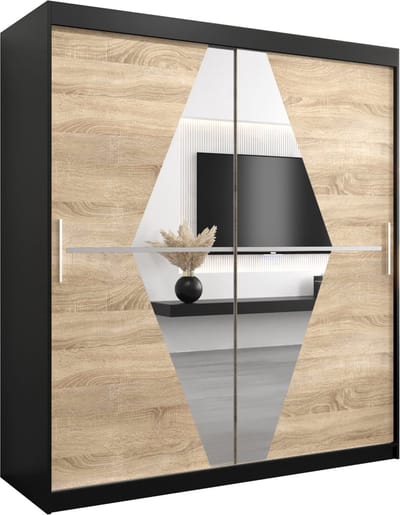 InspireMe - Kledingkast met 2 schuifdeuren, Modern-stijl, Een kledingkast met planken en een spiegel (BxHxD): 180x200x62 - BOLA 180 Zwart Mat + Sonoma Eik