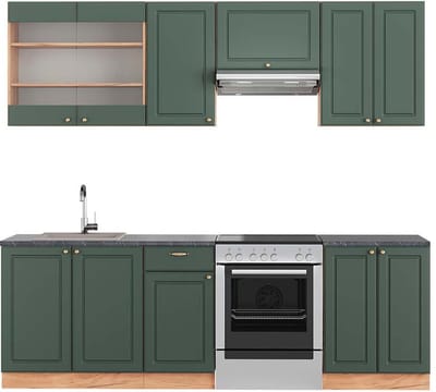 Vicco Fame-Line Complete keukeneenheid – 240 cm, WB Antraciet Groen-Goud Land/Goud Power Eik