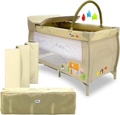 Reisbed 120 x 60 Mix Plus voor baby's - 3-in-1 babybed loopstal en aankleedonderlegger - opvouwbaar - verstelbare hoogte - beige figuren - baby reisbedje