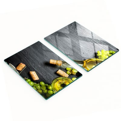 Set van twee glazen snijplanken voor in de keuken, met thema's witte wijn en fruit, 2x40x52 cm