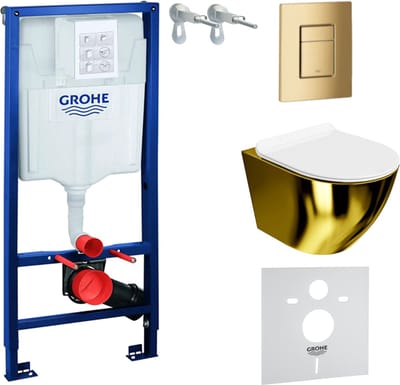 Inbouwreservoir Complete Toiletset Grohe Solido 39069000 - Inbouw WC Hangtoilet Wandcloset Sofi Slim Gold/White Goud/Wit - Bedieningsplaat Skate Cosmopolitan 38732GL0 Gouden - Voorwandelement