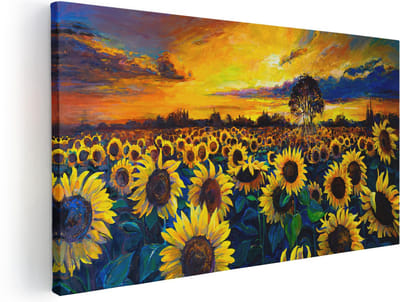Artaza Canvas Schilderij Zonnebloemenveld - 40x20 cm - Klein - Wanddecoratie Zonsondergang - Muurdecoratie Landschap - Schilderijen Natuur