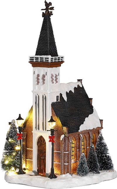 Luville Kerstdorp Miniatuur Kerk - Kerstversiering met Warme Verlichting en Besneeuwde Bomen - Kerst Decoratie voor Binnen op Batterijen - L15 x B16,5 x H31 cm - Meerkleurig