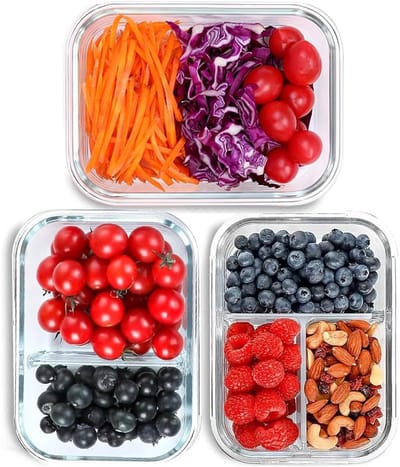 Famanu - Meal prep boxen, glas, 1-2-3 vakken, 3 stuks, 1040 ml, glazen container met deksel, luchtdicht en ovenbestendig
