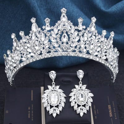 Elegante Kristallen Kroon en Oorbellen Set voor Vrouwen Feest Verjaardag Pageant Bruids Trouwjurk Tiara's en Kronen Pageant gray