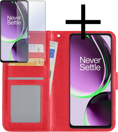 Hoesje - Met Screenprotector - Geschikt voor OnePlus Nord CE 3 Lite - Luxe Pasjeshouder - Bookcase Portemonee - Flip Case - Kunstleer Book Case - Flipcase - Book Cover - Walletcase - Portemonneehoes - Rood