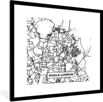 Fotolijst incl. Poster Zwart Wit- Kaart - Kuala Lumpur - Stadskaart - Plattegrond - Zwart Wit - 40x40 cm - Posterlijst