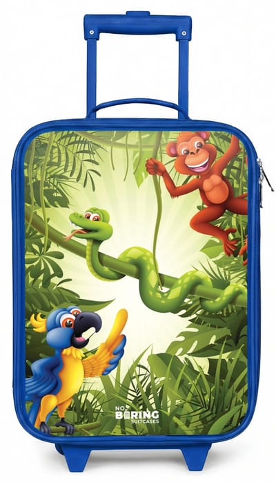 NoBoringSuitcases.com® - Kinderkoffer blauw - Kindertrolley jongen - Dieren in de jungle - Koffer kind lichtgewicht - Reiskoffer trolley voor kinderen - Koffertje met lichtgevende wieltjes - Rolkoffer
