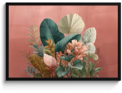 Poster in lijst - Fotolijst 90x60 cm - Posters - Tropische bladeren - Bloemen - Roze - groen - Posterlijst zwart - Decoratie - Wanddecoratie woonkamer - Muurdecoratie slaapkamer