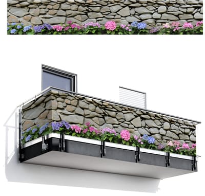 Balkonscherm 500x85 cm - Balkonposter Hortensiaâ€™s - Stenen - Muur - Bloemen - Balkon scherm decoratie - Balkonschermen - Balkondoek zonnescherm